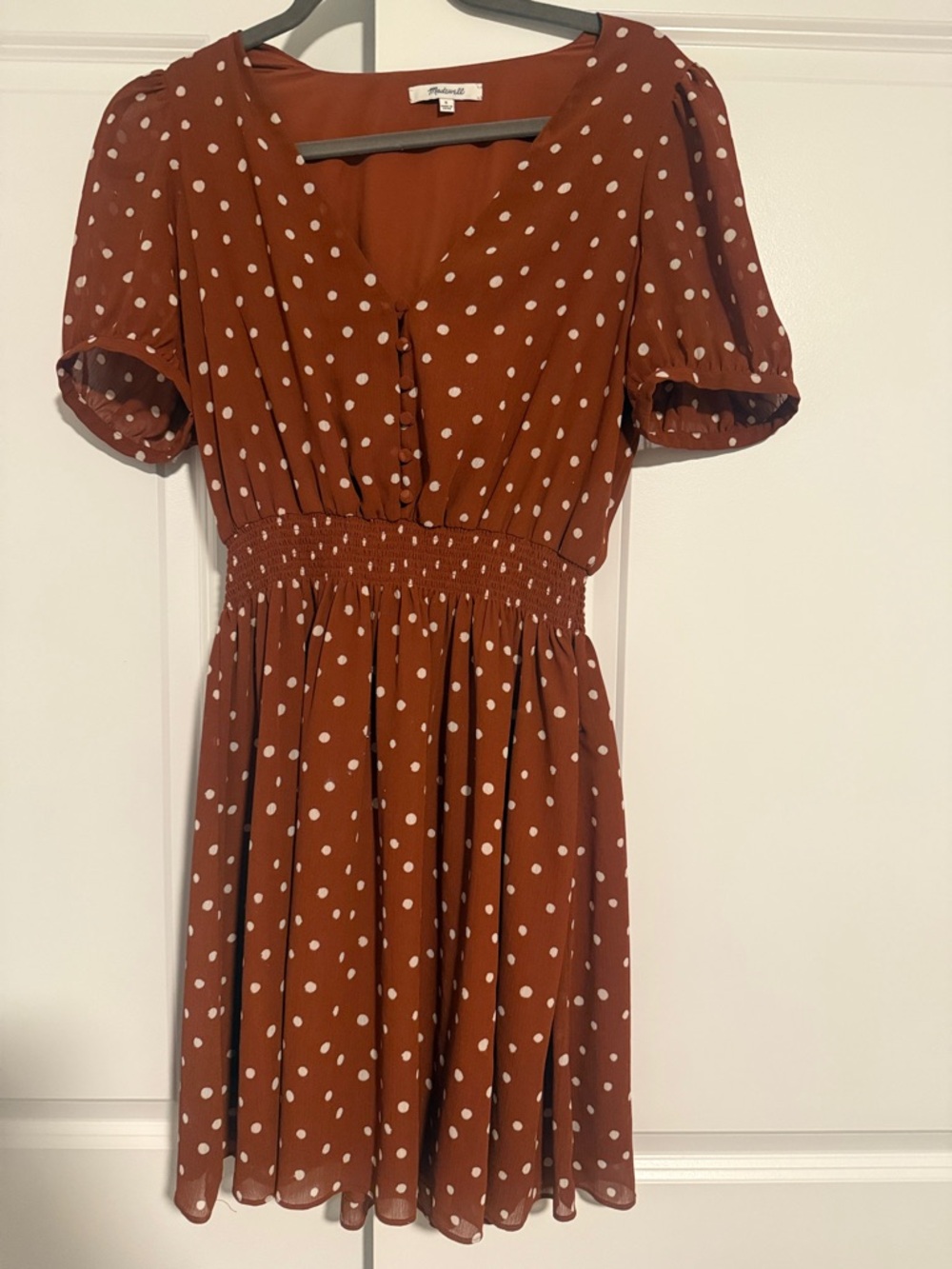 Madewell Rust Polka Dot Smocked Waist Dress Size Small